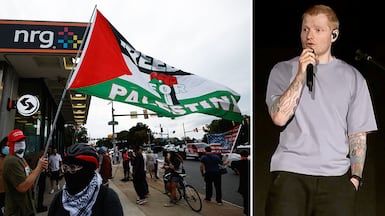 Ed Sheeran, right, says his concerts are still 'a place where everyone is welcome' as pro-Palestine protests have hit his Loop tour . Reuters