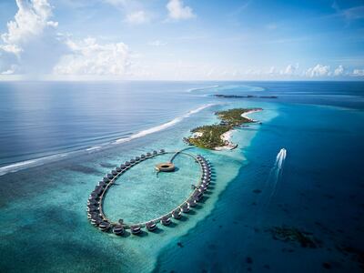 The Ritz-Carlton, Fari Islands is the newest hotel in the Maldives and is located in an area famed for its clear waters teeming with marine life. Courtesy Ritz-Carlton / Marriott