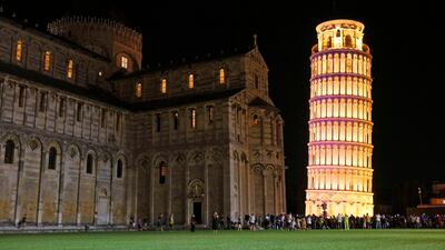 The Leaning Tower of Pisa is illuminated for its 850th anniversary in Pisa, Italy. The first foundation stones were laid on August 9, 1173. EPA