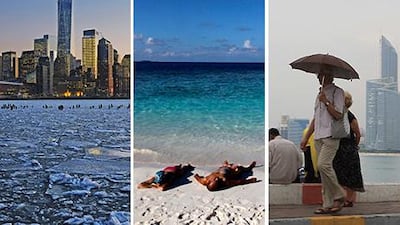 From left: Ice floes fill the Hudson River as the Lower Manhattan skyline can be glimpsed in New York City. Afton Almaraz / Getty Images; Tourists enjoy the sun on a beach at a resort island at the Male Atoll in Denmark. Reuters /Reinhard Krause; Residents in Abu Dhabi enjoy the cool weather. Ravindranath K / The National