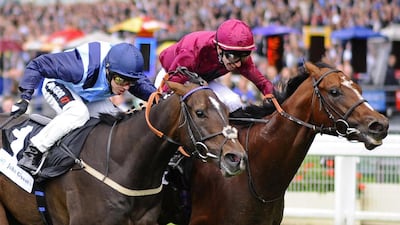 Lightning Moon, right, will change from maroon silks to the royal blue of Godolphin for the Duke Of York Stakes. Alan Crowhurst / Getty Images