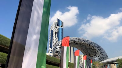 UAE flags outside the Museum of the Future in Dubai as the country celebrates its 49th National Day. Chris Whiteoak / The National