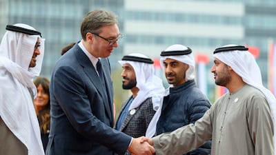 Mr Vucic greets Sheikh Mohammed bin Hamad bin Tahnoon, Private Affairs Adviser in the Presidential Court, at the Palace of Serbia. Photo: Mohamed Al Hammadi / Presidential Court
