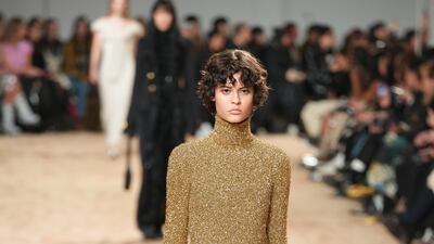 At Paco Rabanne, knitted metal appeared as cropped tops. Getty Images
