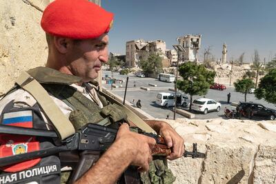 A Russian military police officer in the citadel of Aleppo, seen during a guided tour by the Russian forces in Syria. AFP