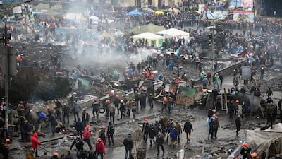 Anti-government protesters continue to clash with police on February 20, 2014, in Kiev’s Independence square, despite a truce between the Ukrainian president and opposition leaders. The protesters are calling for the ouster of president Viktor Yanukovich over corruption and an abandoned trade agreement with the European Union. Jeff J Mitchell / Getty Images