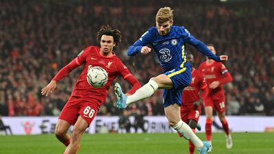 Chelsea's German striker Timo Werner scores but the goal is ruled offside during the League Cup final at Wembley Stadium. AFP