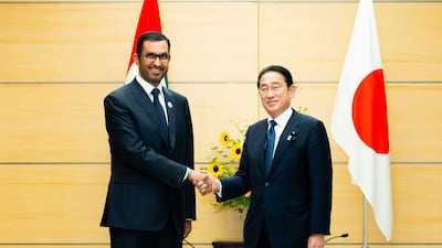 Dr Sultan Al Jaber, Minister of Industry and Advanced Technology, and Japanese Prime Minister Fumio Kishida. Wam