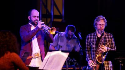 Abu Dhabi, United Arab Emirates, April 30, 2016: Amir ElSaffar and the Rivers of Sound ensemble perform in the east plaza of New York University on Saadiyat Island in Abu Dhabi on April 30, 2016. Christopher Pike / The NationalJob ID: 87977Reporter: Rob GarrattSection: Arts & LifeKeywords: