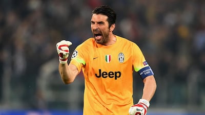 Juventus keeper Gianluigi Buffon celebrates during his side's win against Real Madrid in the first leg of their Champions League semi-final tie on Tuesday in Turin. Michael Regan / Getty Images