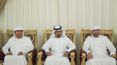 Sheikh Khalifa bin Tahnoon (C) offers condolences to the family of Ahmed Mohammed Al Zayoudi who passed away while serving with the UAE Armed Forces in ‘Operation Restoring Hope’. Mohamed Al Hammadi / Crown Prince Court - Abu Dhabi