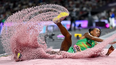 Saly Sarr of Senegal claims the women's triple jump title in the World Athletics Ultimate Championship in Budapest, Hungary. EPA