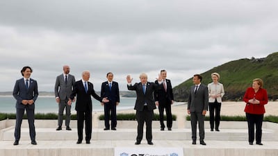 G7 leaders pose for a 'family photo' at the start of the three-day summit in England. AFP