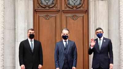 Sheikh Abdullah bin Zayed, his Israeli counterpart Gabi Ashkenazi and German Foreign Minister Heiko Maas before their historic meeting at Villa Borsig in Berlin, Germany. AFP