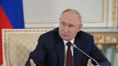 President Vladimir Putin talks to journalists after the Russia-Africa summit in St Petersburg on Friday. AFP