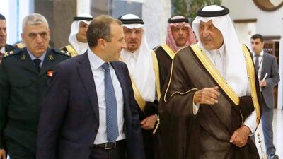 Lebanese foreign minister and head of the Free Patriotic Movement Gebran Bassil walks with Saudi Arabia's Prince Khaled Al Faisal inside the presidential palace in Baabda, near Beirut, on November 21, 2016. Mohamed Azakir/Reuters