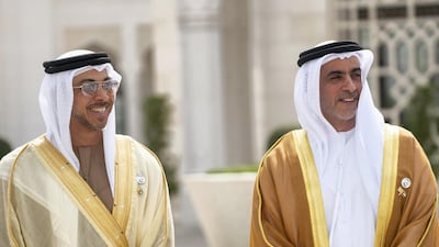 Sheikh Saif bin Zayed, Deputy Prime Minister and Minister of Interior (right), pictured with Sheikh Mansour bin Zayed, Deputy Prime Minister and Minister of Presidential Affairs, will deliver the keynote speech during the Aqdar World Summit in Moscow. Eissa Al Hammadi for the Ministry of Presidential Affairs