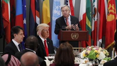 US President Donald Trump (L) sits next to UN Secretary General Antonio Guterres, right, as he speaks at the delegate luncheon on the sidelines of the General Debate of the General Assembly of the United Nations at United Nations Headquarters. EPA