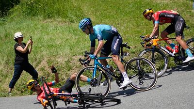 Spain's Ion Izaguirre cannot avoid crashing into countryman Pello Bilbao.