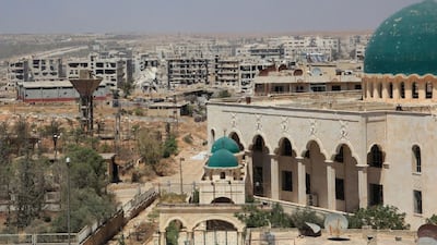 Destroyed buildings near Castello Road leading to Bani Zeid during an operation by Syrian government forces to retake control of the rebel-held district of Leramun, on the northwest outskirts of Aleppo, on July 26, 2016.George Ourfalian/AFP