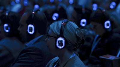 Headsets glow during a session at Salesforce's Dreamforce tech conference in San Francisco. AP