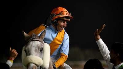 Jockey Ronan Thomas reacts after winning the $1 million Al Mneefah Cup. AP