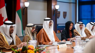 Sheikh Khaled with the UAE delegation, which included Dr Sultan Al Jaber, Minister of Industry and Advanced Technology; Reem Al Hashimy, Minister of State for International Co-operation; Dr Thani Al Zeyoudi, Minister of Foreign Trade; and Mohamed Alsuwaidi, Minister of Investment.