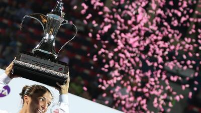 Sara Errani of Italy holds the trophy after winning her final match against Barbora Strycova of Czech Republic at Dubai Duty Free Tennis WTA Championships in Dubai, United Arab Emirates, 20 February 2016. EPA/ALI HAIDER