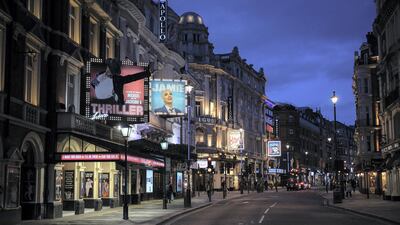Shaftesbury Avenue is empty of pedestrians and theatre-goers in London, during the first national lockdown in March 2020. Getty Images