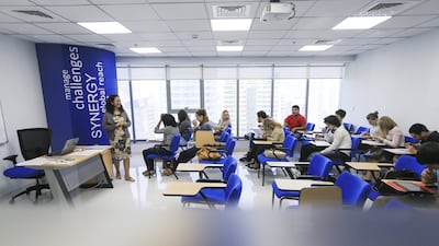 Students at a hotel and restaurant management course at Synergy University’s new campus in Dubai this month. Sarah Dea / The National