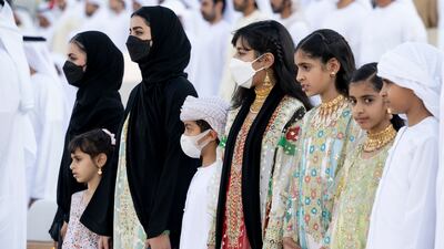 Sheikh Mohamed bin Khaled; Sheikha Salama bint Khaled; Sheikha Shamma bint Khaled; Sheikha Fatima bint Mohamed; Sheikh Zayed bin Mohamed; Sheikha Hassa bint Mohamed; Sheikha Salama bint Theyab; and Sheikha Salama bint Mohamed at the Sheikh Zayed Heritage Festival. Hamad Al Kaabi / Presidential Court