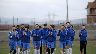 During a training session at Obilic on Monday, the Kosovo’s national football team players show their pleasure at finally getting a chance to play a Fifa-sanctioned friendly. Kosovo are gearing up for their Fifa debut on the international scene by hosting Haiti at Mitrovica, 24 miles north of the capital, Pristina, the first in their six-year history as an independent state. Armend Nimani / AFP
