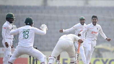 Bangladesh’s Mehidy Hasan Miraz took five wickets in the second innings. AFP