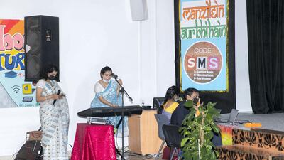 Preparations at the Delhi Private School in Dubai where V. Muraleedharan, Indian Minister of State for External Affairs addressed workers about a programme that has been launched to help blue-collar workers learn soft skills and language. Reem Mohammed / The National