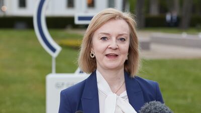 British Foreign Secretary Liz Truss briefs the media upon arrival at the G7 Foreign Ministers Summit in Wangels, Germany. EPA