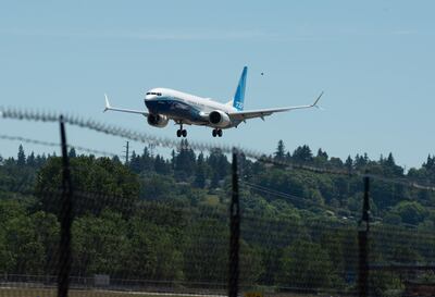 The Boeing 737 Max 10 jet prepares to land at Boeing Field in Seattle, Washington. Bloomberg