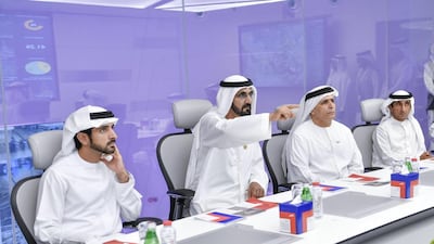 Sheikh Mohammed bin Rashid, Vice President and Ruler of Dubai, and Sheikh Hamdan bin Mohammed, Crown Prince of Dubai, are given a presentation on the RTA's Enterprise Command and Control Centre on Monday. Also pictured: Mattar Al Tayer, Director-General and Chairman of the Board of Executive Directors of RTA. Wam
