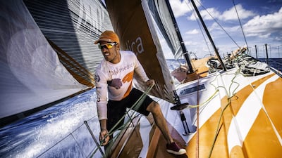 Nick Dana on the bow manhandles lines aboard Alvimedica during a sail change as the sailing yacht heads south towards Vanuatu during Leg 4 from Sanya to Auckland. Amory Ross / Team Alvimedica / Volvo Ocean Race