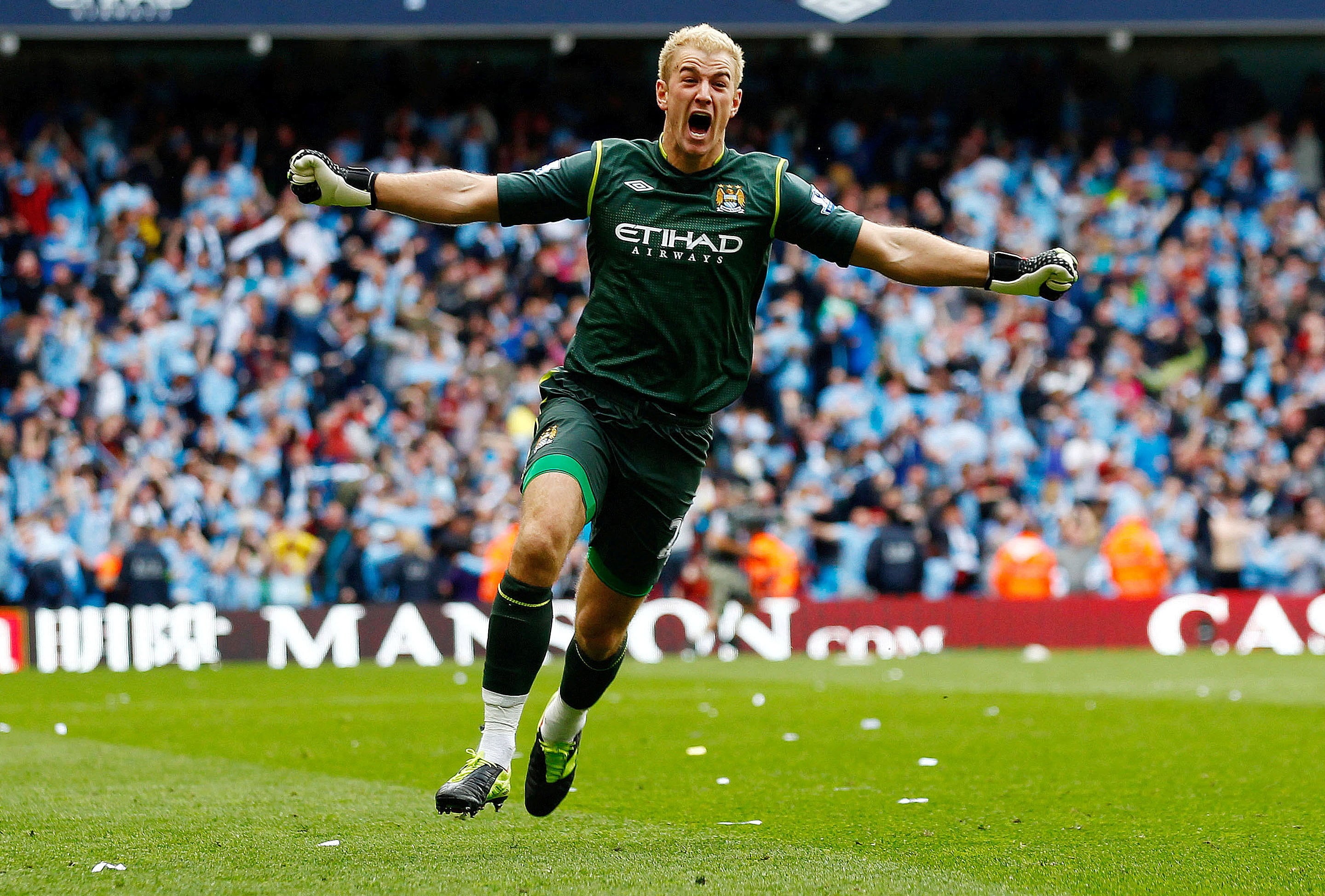Manchester City's Joe Hart celebrates after the Sergio Aguero goal that clinched the Premier League title in 2012. Action Images / Jason Cairnduff