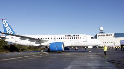A bombardier aircraft CSeries on the tarmac in Mirabel, Quebec. A dispute over a 300% levy on planes made by Canada's Bombardier has inflamed relations with Ottawa. / AFP PHOTO / Clement Sabourin