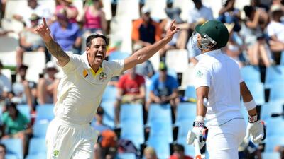 Mitchell Johnson of Australia celebrates the wicket of JP Duminy of South Africa during day four of the First Test match between South Africa and Australia on February 15, 2014 in Centurion, South Africa. Johnson will miss the Twenty20 World Cup. Lee Warren/Getty Images