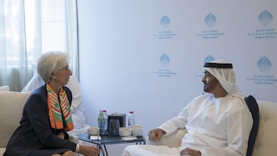 Sheikh Mohammed bin Zayed meets Christine Lagarde, managing director of the International Monetary Fund, during the summit. Mohamed Al Hammadi / Crown Prince Court - Abu Dhabi
