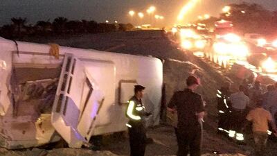 Three people died and more than 50 were injured in a bus crash on the Ghuweifat-Abu Dhabi highway on Saturday. Courtesy Security Media