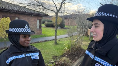 Leicestershire Police officers Hafsah Abba-Gana and Seher Nas wearing the Blue Light Hijab. Leicestershire Police