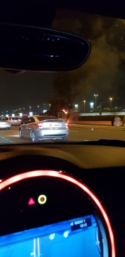 A lorry caught fire on a busy Abu Dhabi route on Tuesday evening.