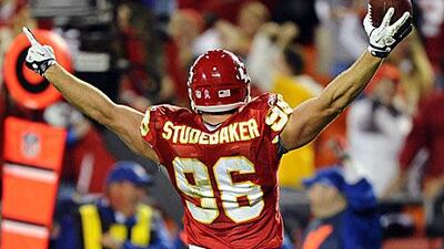 Andy Studebaker, the Chiefs linebacker, celebrates recovering a Philip Rivers fumble with less than a minute remaining in the game. Kansas would beat San Diego in overtime.