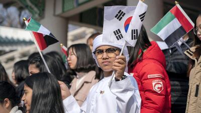 Children participate in a reception at the Blue House as Sheikh Mohamed bi Zayed arrives for a meeting with Mr Moon. Ryan Carter / Ministry of Presidential Affairs