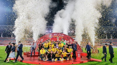 Al Ahed of Lebanon enjoy the trophy presentation after winning the AFC Cup Fina with a 1-0 win over their North Korean opponents in Kuala Lumpur. EPA