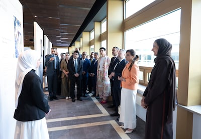 Sheikha Bodour bint Sultan Al Qasimi tours the Folktales Reimagined exhibition at the National Library of Poland in Warsaw. Photo: Sharjah Book Authority