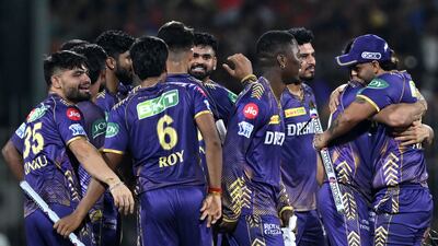 Kolkata Knight Riders' players celebrate their victory at the end of the Indian Premier League (IPL) Twenty20 final cricket match between Sunrisers Hyderabad and Kolkata Knight Riders at the MA Chidambaram Stadium in Chennai on May 26, 2024. (Photo by R. Satish BABU / AFP) / -- IMAGE RESTRICTED TO EDITORIAL USE - STRICTLY NO COMMERCIAL USE --
